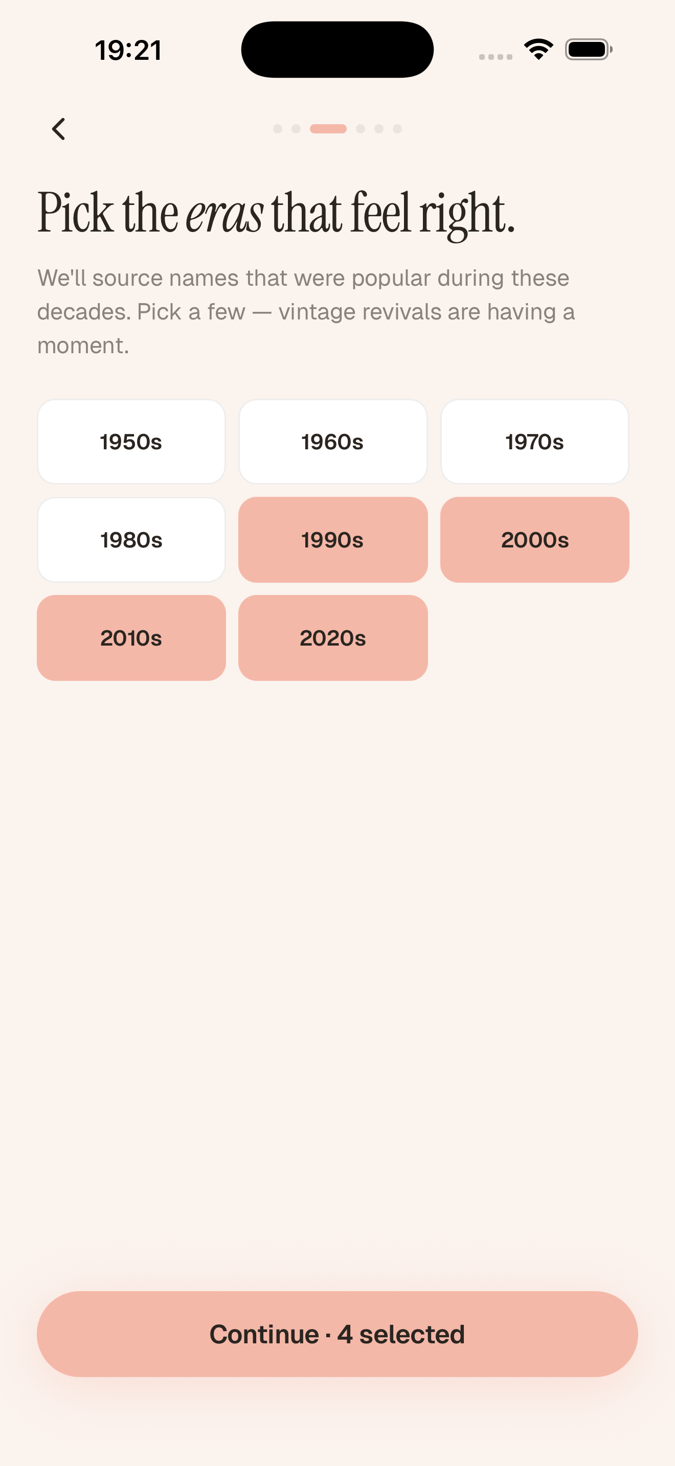 Onboarding step with selectable decade pills from the 1950s to the 2020s.