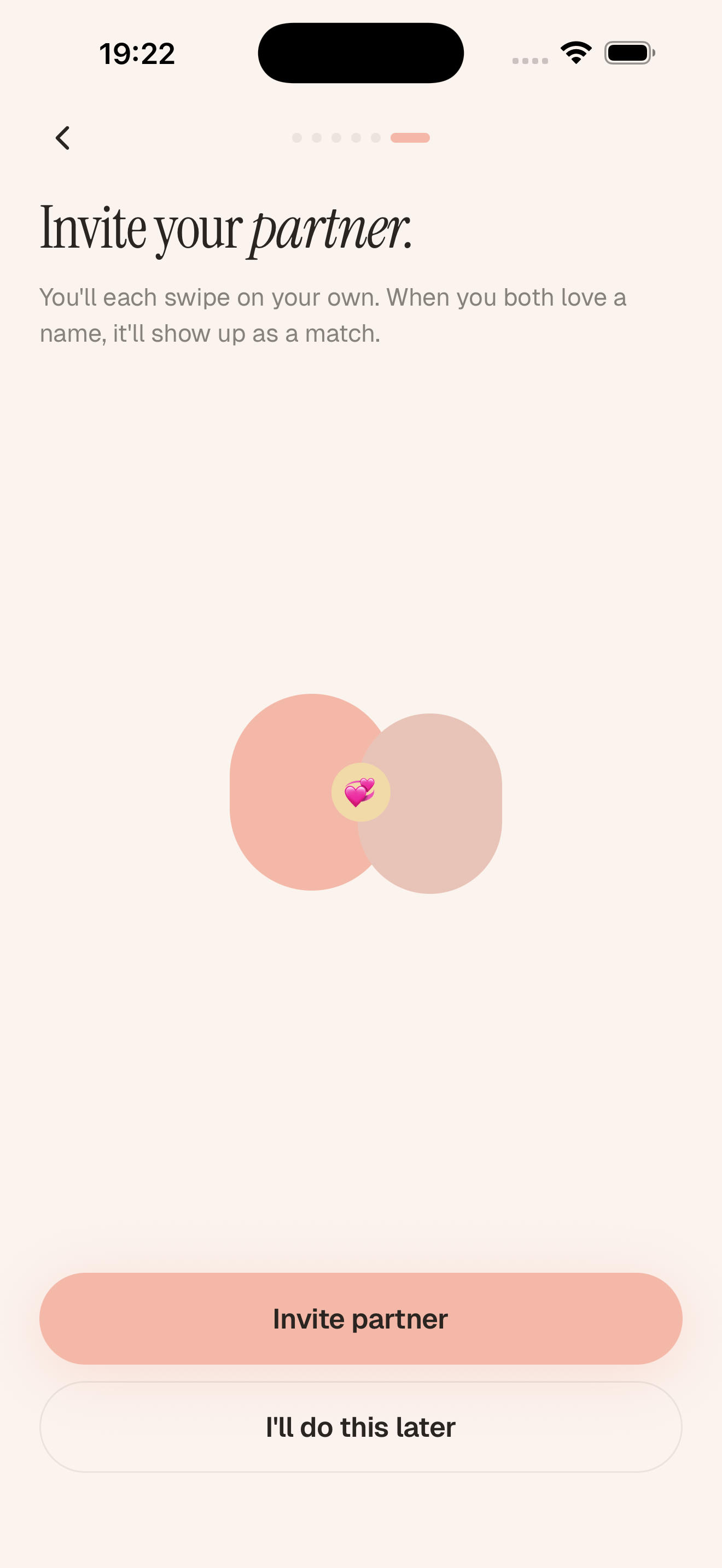 Onboarding step with two overlapping circles inviting the partner to pair up.
