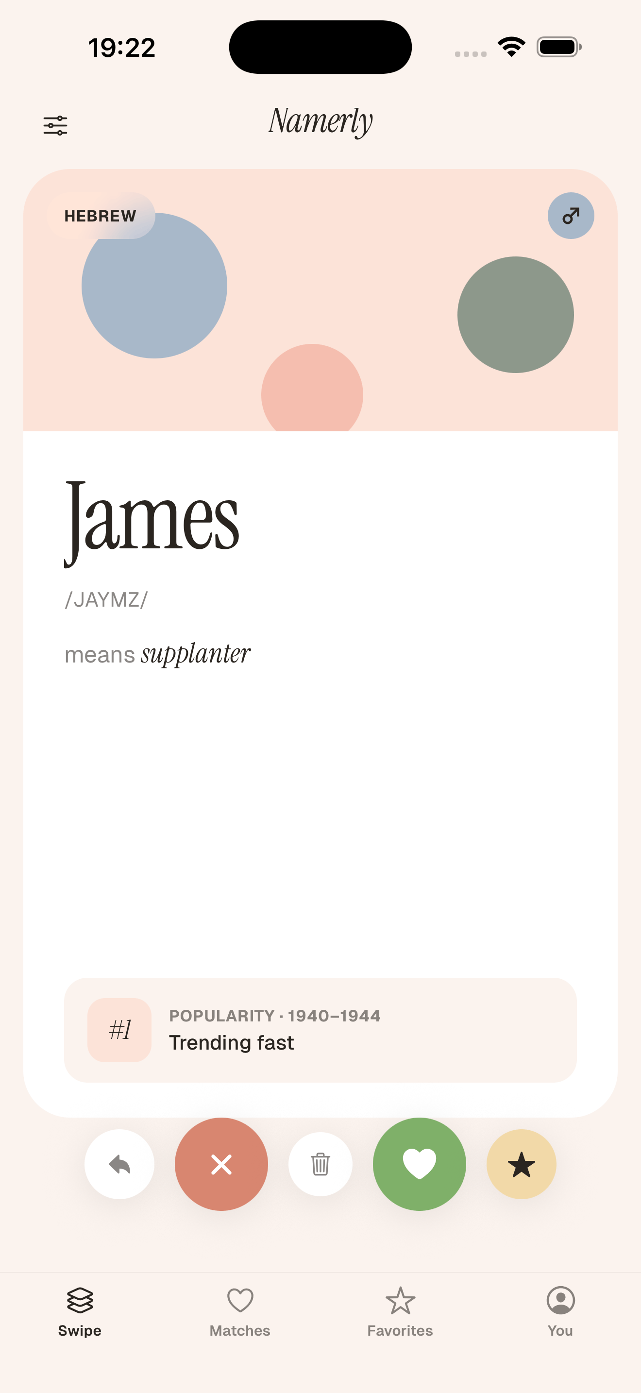 Main swipe screen showing the name James, its origin, meaning, and popularity.