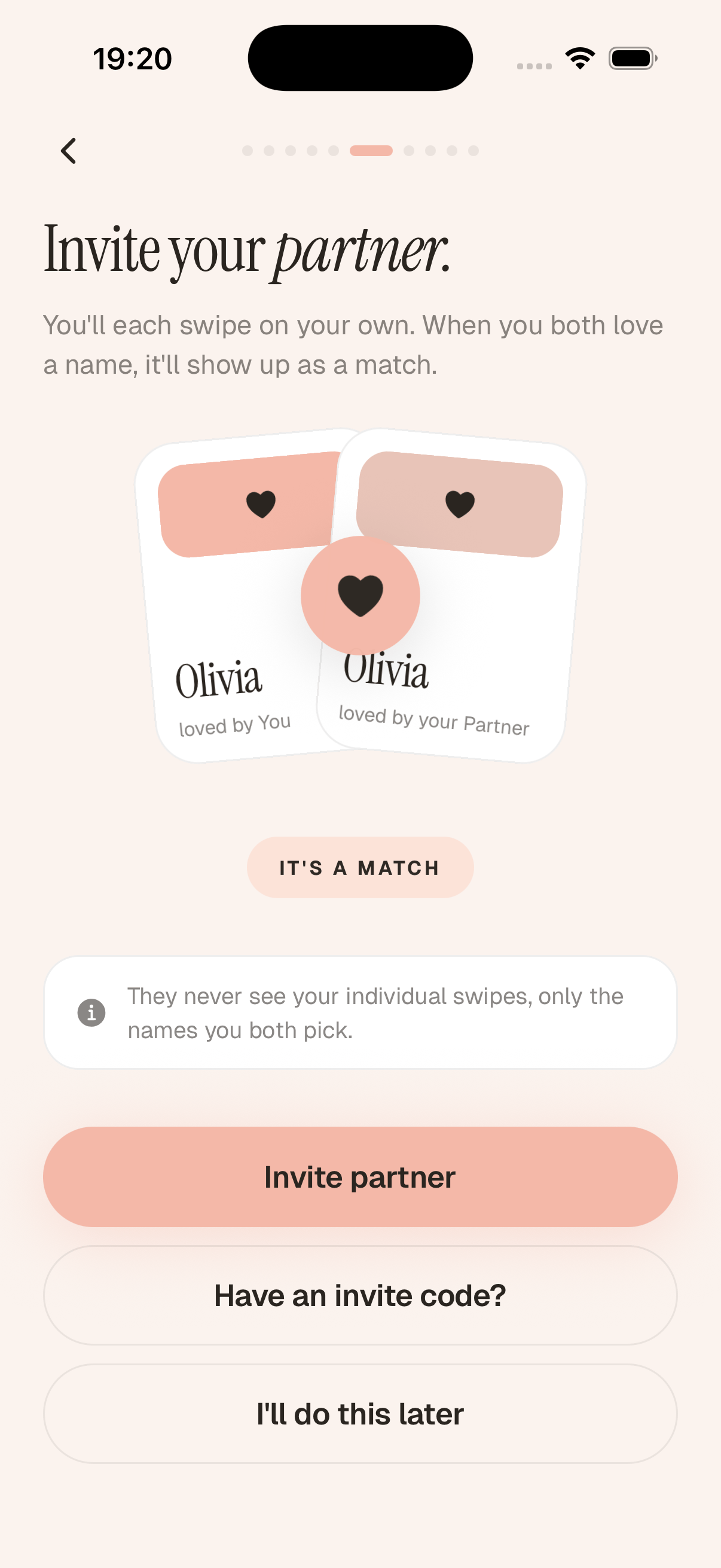 Onboarding step with two overlapping cards inviting the partner to pair up.